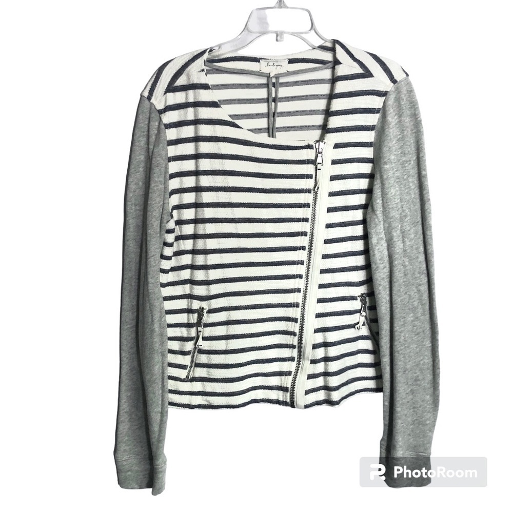 LOU & GREY Anthropologie Moto Jacket Grey & White Stripes Assymetrical Zip sz L - Picture 2 of 13